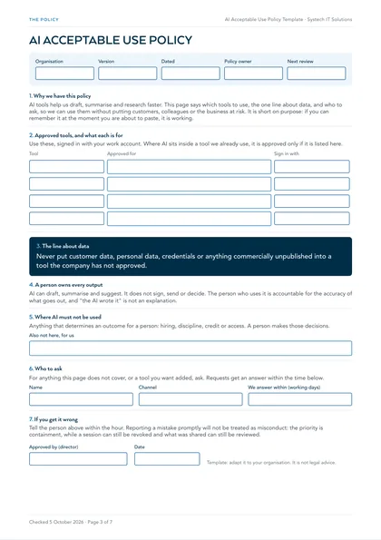 Page 3: The policy on one page: seven clauses, fillable on screen