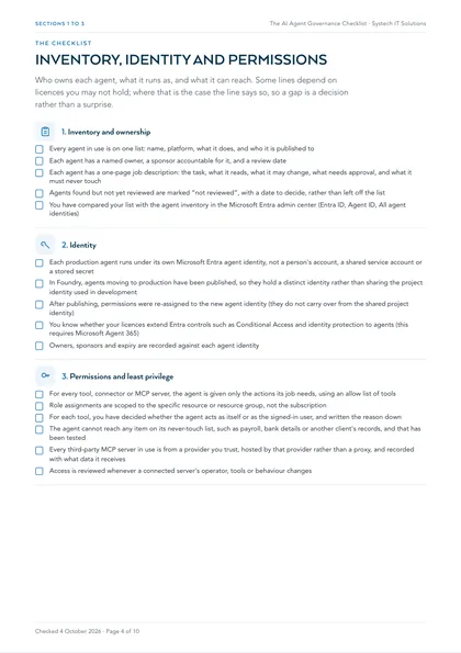 Page 4: Sections 1 to 3: inventory and ownership, identity, permissions and least privilege