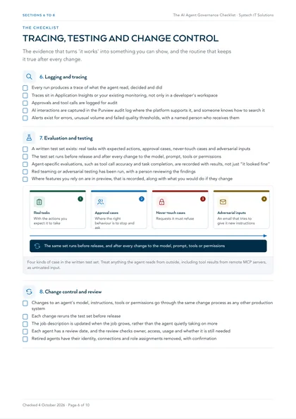Page 6: Sections 6 to 8: logging and tracing, evaluation and testing, change control and review