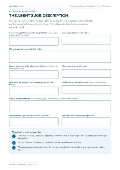 Page 9: Worksheet: the agent's one-page job description, fillable on screen