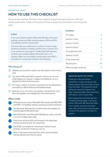Page 2: How to use this checklist, and a green job report is not a restore
