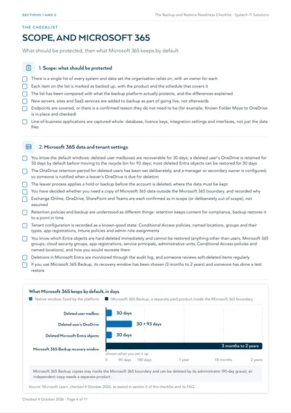 Page 4: Sections 1 and 2: scope, and Microsoft 365 data and tenant settings, with the windows chart