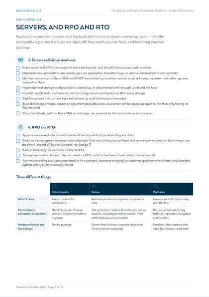 Page 5: Sections 3 and 4: servers and virtual machines, RPO and RTO, with retention, backup and replication compared