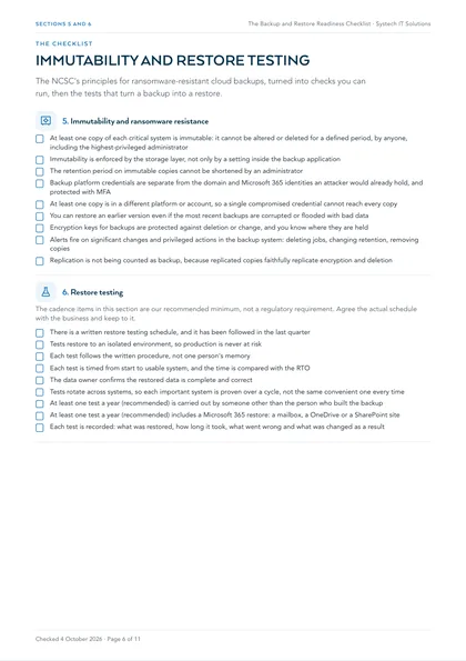 Page 6: Sections 5 and 6: immutability and ransomware resistance, restore testing