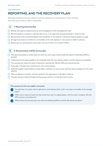 Page 8: Sections 7 and 8: reporting and ownership, documentation and the recovery plan