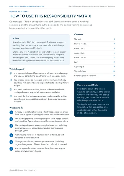 Page 2: How to use this responsibility matrix, and how co-managed it fails