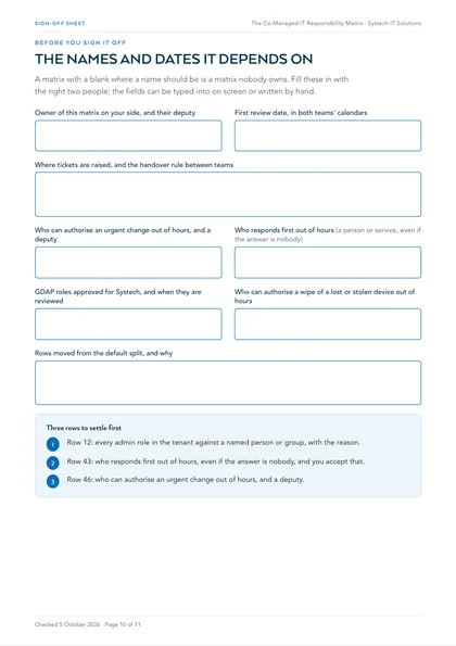 Page 10: Worksheet: the names and dates the matrix depends on, fillable on screen