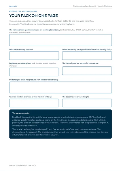 Page 8: Summary: your pack on one page, fillable on screen