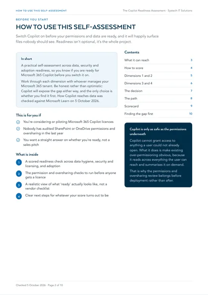 Page 2: How to use this self-assessment, and copilot is only as safe as the permissions underneath