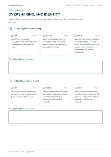 Page 5: Dimensions 1 and 2: data hygiene and oversharing, identity and access control