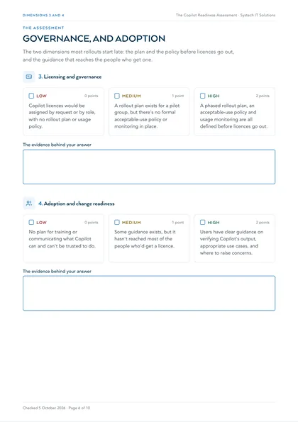 Page 6: Dimensions 3 and 4: licensing and governance, adoption and change readiness