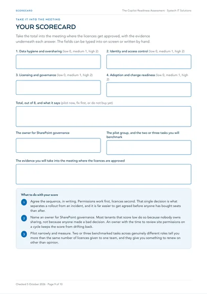 Page 9: Scorecard: your total and the evidence, fillable on screen