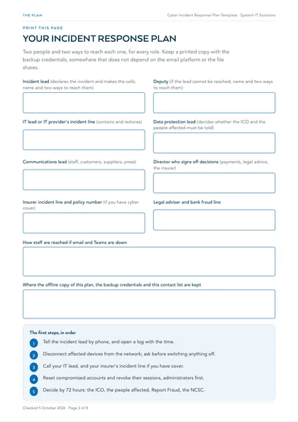 Page 3: The plan on one page: roles, contacts and the first steps, fillable on screen