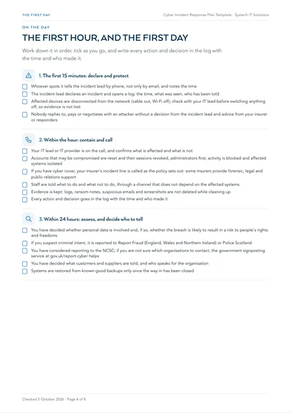 Page 4: The first 15 minutes, the first hour and the first 24 hours, with tick boxes