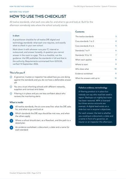 Page 2: How to use this checklist, and failed on evidence, not technology