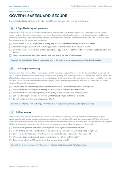 Page 4: Core standards 1 to 3: digital leadership and governance, filtering and monitoring, cyber security
