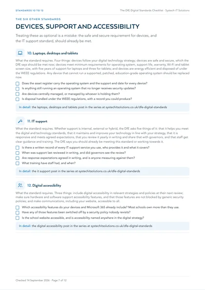 Page 7: Standards 10 to 12: laptops, desktops and tablets, IT support, digital accessibility