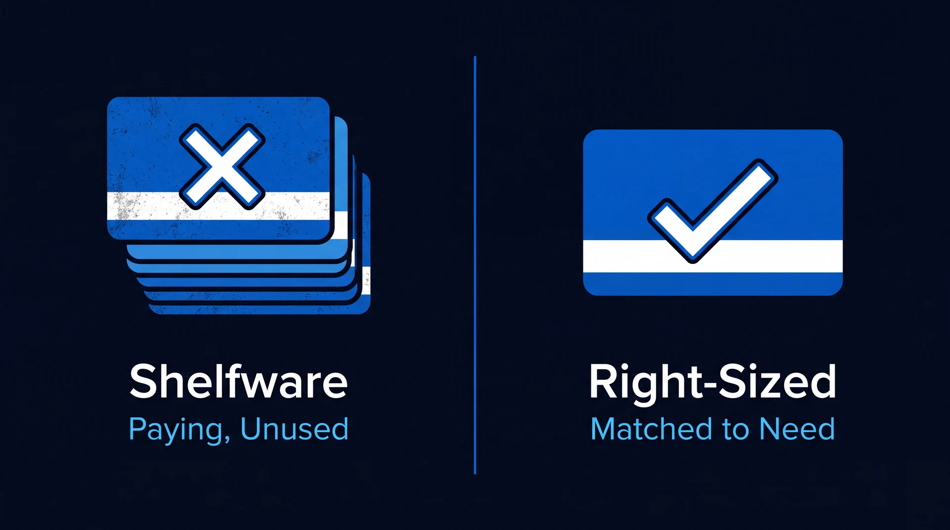 Comparison showing a stack of unused, dust-covered licences on one side against a single right-sized, checked licence on the other