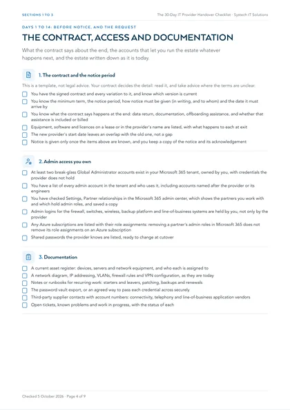 Page 4: Sections 1 to 3: the contract and the notice period, admin access you own, documentation