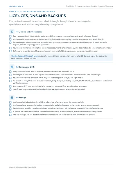 Page 5: Sections 4 to 6: licences and subscriptions, domain and DNS, backups