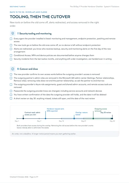 Page 6: Sections 7 and 8: security tooling and monitoring, cutover and close, and the thirty days on one line
