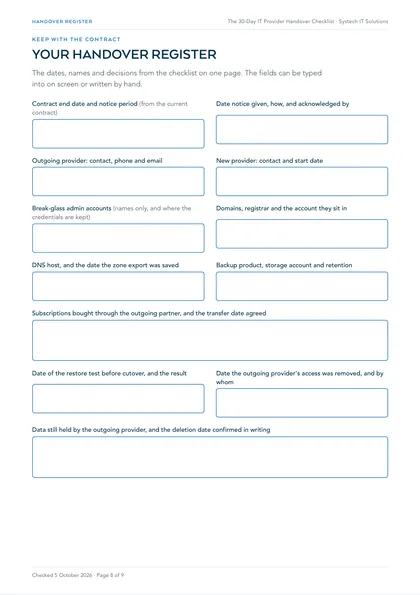 Page 8: The handover register, fillable on screen
