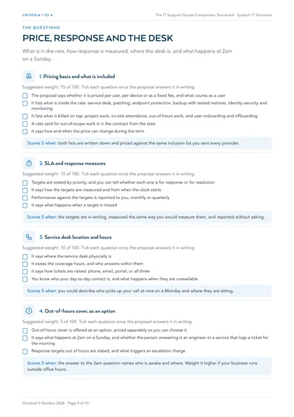Page 5: Criteria 1 to 4: pricing basis, SLA, service desk, out of hours