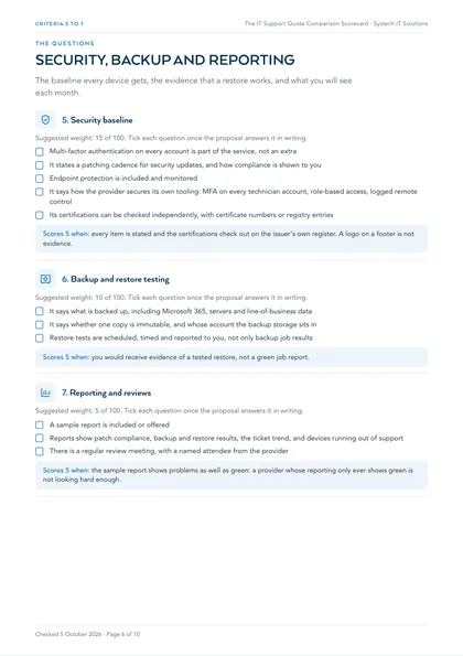 Page 6: Criteria 5 to 7: security baseline, backup and restore testing, reporting