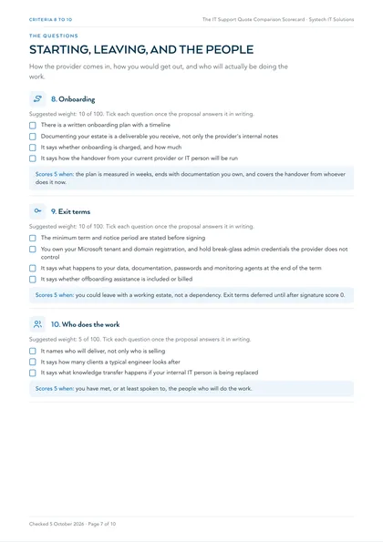 Page 7: Criteria 8 to 10: onboarding, exit terms, who does the work