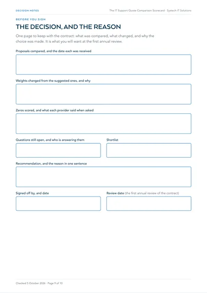 Page 9: Decision notes: the shortlist and the reason, fillable on screen