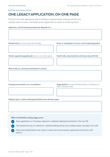 Page 7: Worksheet: one legacy application on one page, fillable on screen
