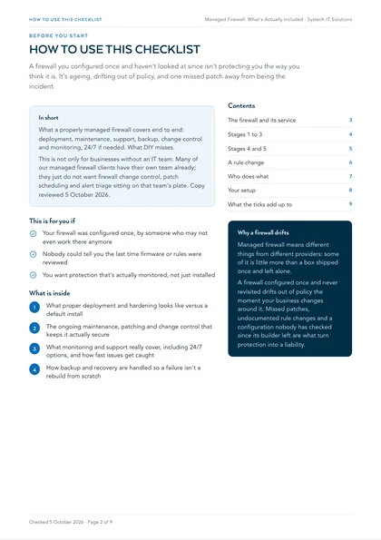 Page 2: How to use this checklist, and why a firewall drifts
