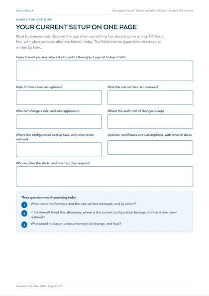 Page 8: Worksheet: your current firewall setup on one page, fillable on screen