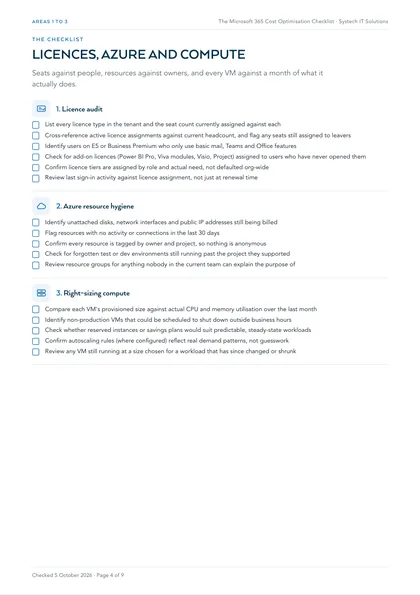 Page 4: Areas 1 to 3: licence audit, Azure resource hygiene and right-sizing compute