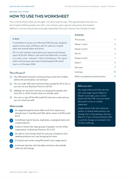 Page 2: How to use this worksheet, and before you start
