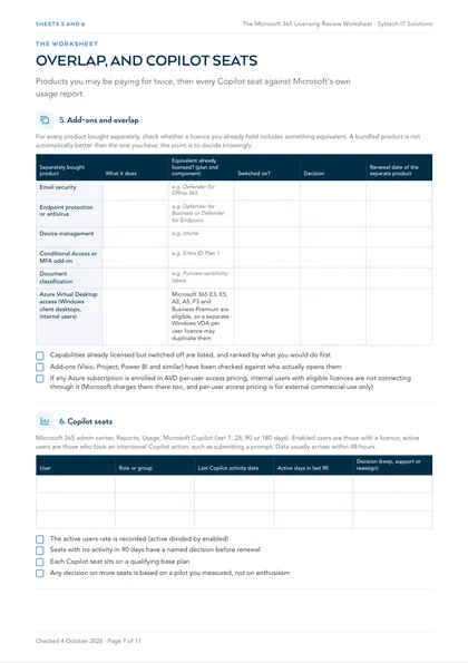 Page 7: Sheets 5 and 6: add-ons and overlap, Copilot seats
