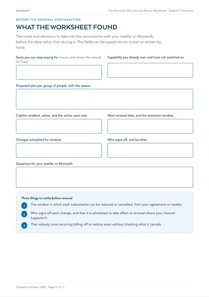 Page 10: Summary: what the worksheet found, fillable on screen