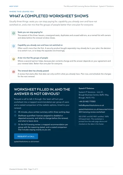 Page 11: What a completed worksheet shows, and the next step