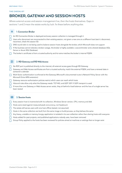 Page 4: Sections 1 to 3: Connection Broker, Gateway and Web Access, session hosts