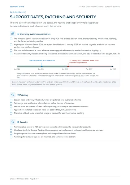 Page 6: Sections 6 to 8: support dates, patching and security