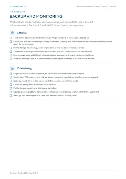 Page 7: Sections 9 and 10: backup and monitoring