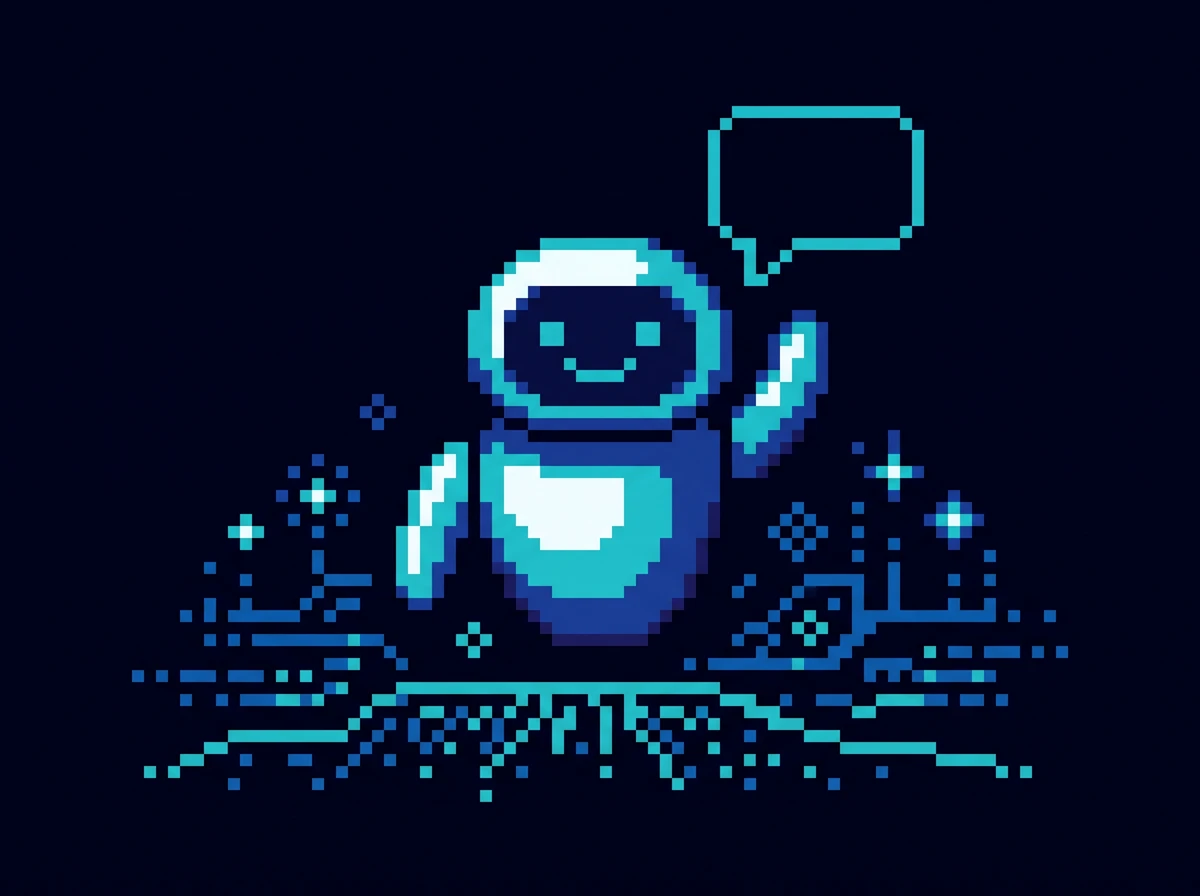 Retro pixel-art illustration of a friendly rounded pixel robot with a speech bubble above its head