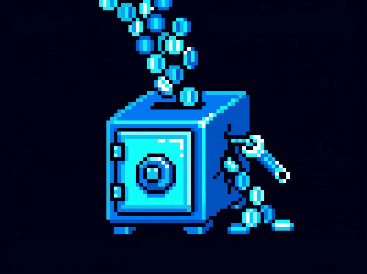 Retro pixel-art illustration of a pixel vault collecting falling coins with a leak being plugged by a wrench