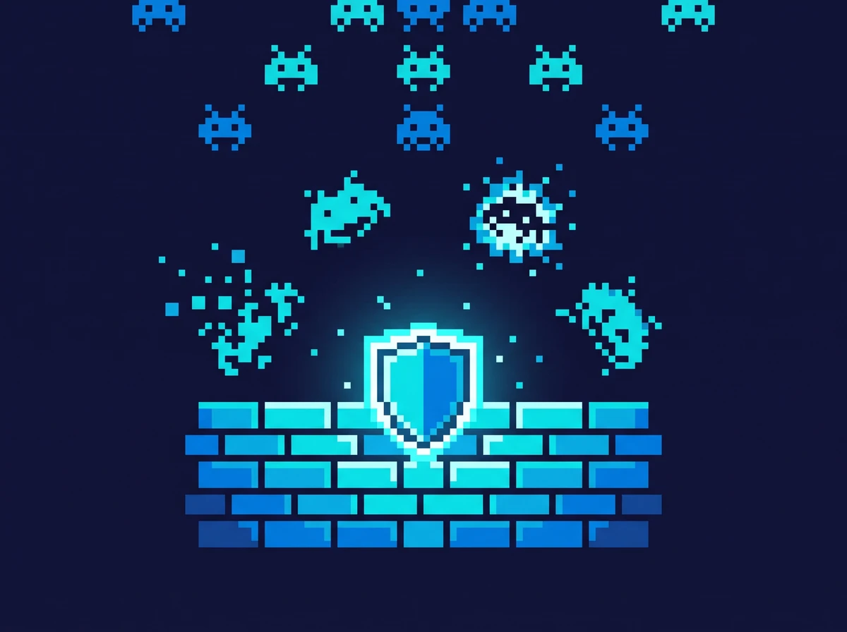 Retro pixel-art illustration of firewall defences blocking waves of incoming threats, shown as descending invaders