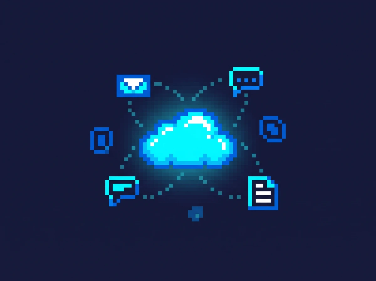 Retro pixel-art illustration of a glowing cloud with mail, chat and document icons orbiting around it