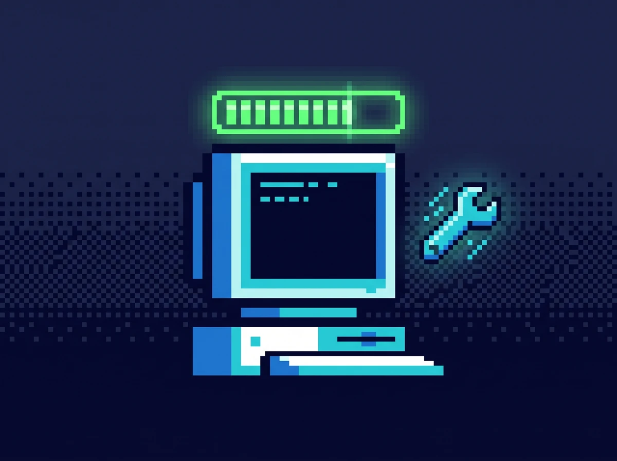 Retro pixel-art illustration of a desktop computer with a full glowing health bar above it and a wrench servicing it