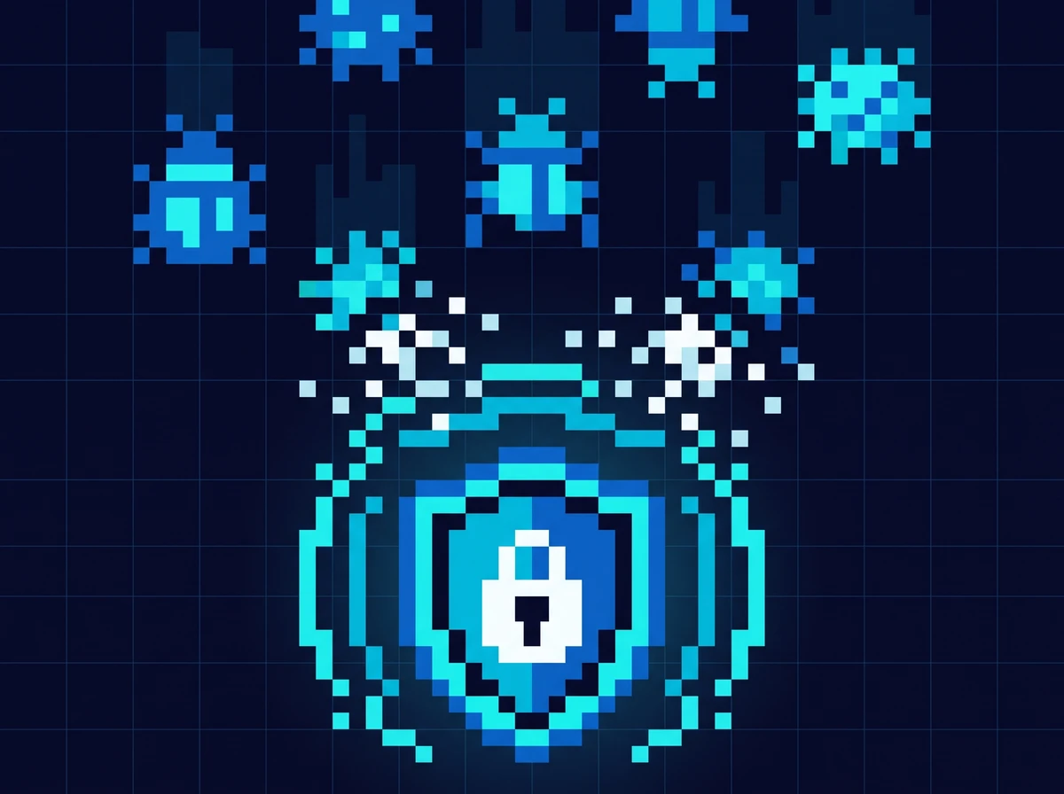 Retro pixel-art illustration of a glowing shield with a padlock deflecting descending pixelated bug and virus sprites