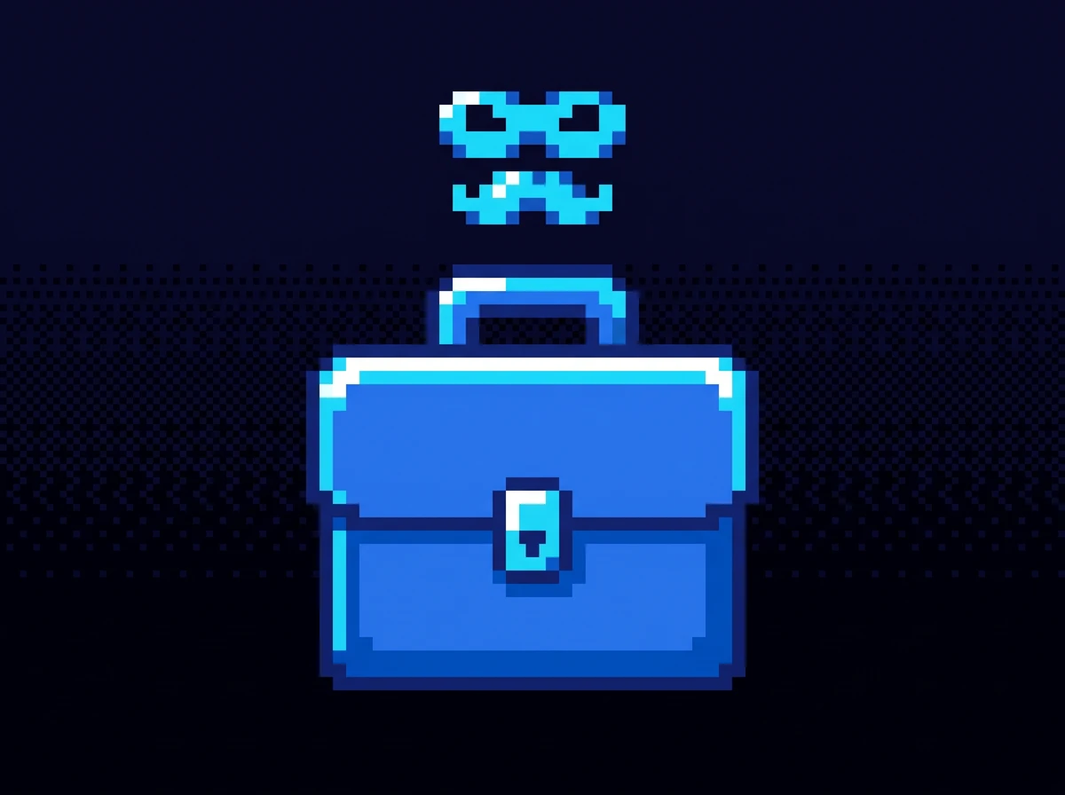 Retro pixel-art illustration of a briefcase with a disguise mask and moustache floating above it