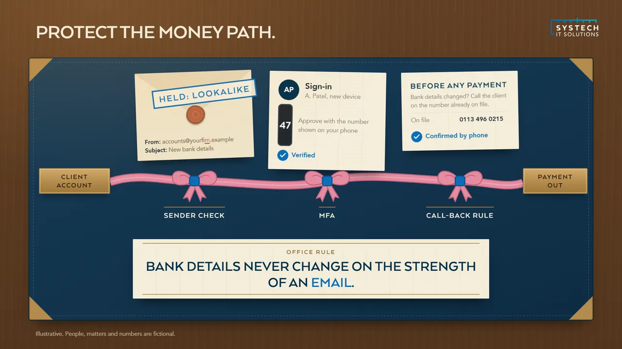 A law firm's money path pinned on a board: sender check, MFA and a call-back rule before any payment goes out