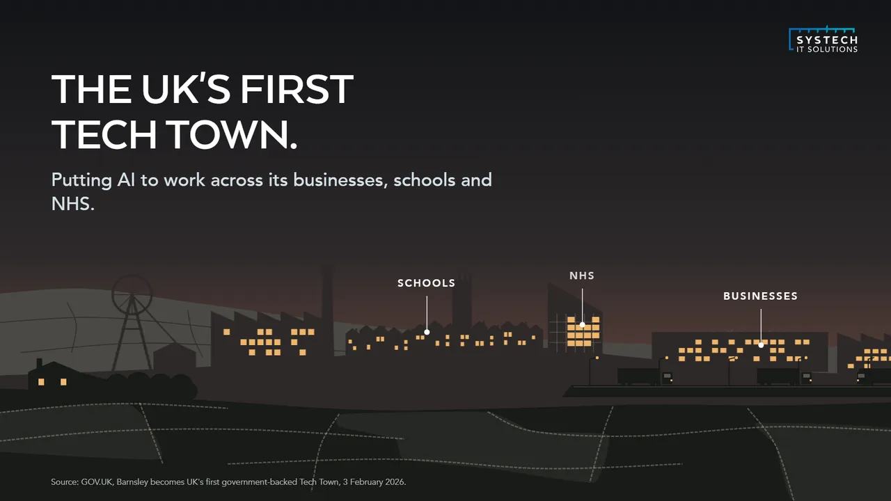 Barnsley at night, the UK's first tech town, with its schools, NHS and businesses marked